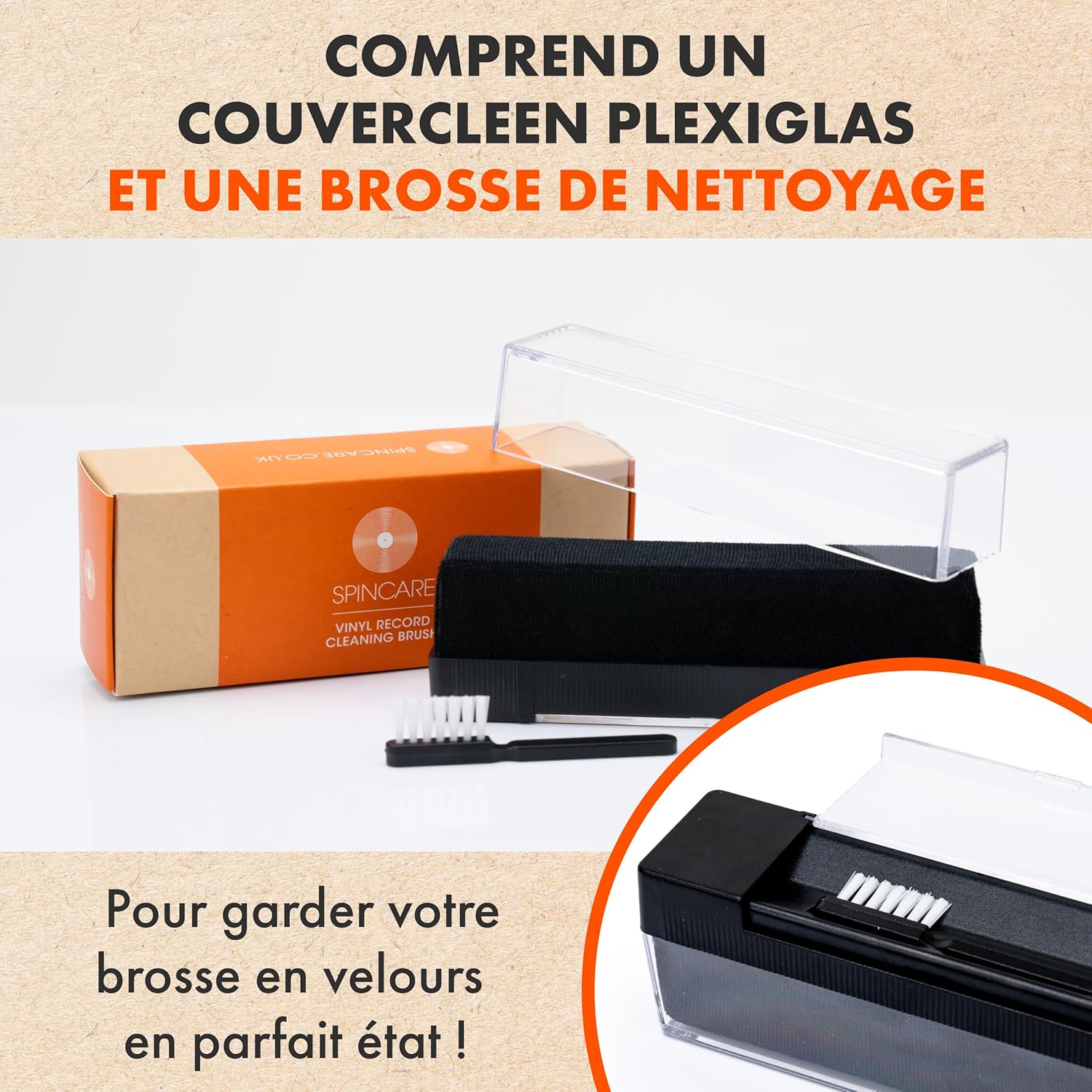 Brosse Nettoyage Disques Vinyle par SPINCARE | Kit Inclut Velours Brosse Antistatique & Stylus | pour Nettoyage & Entretien LP & Plateau Tournant